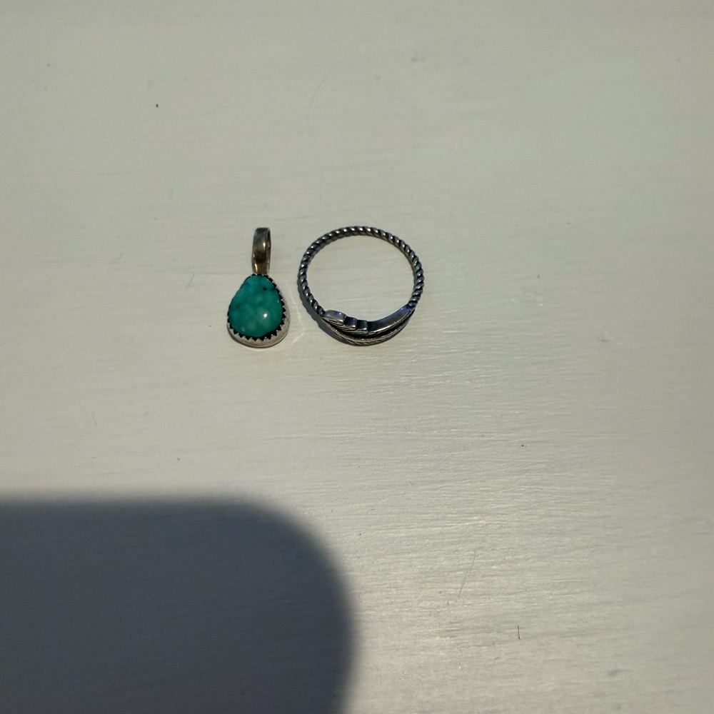 Turquoise Teardrop Pendant and Silver Ring Set